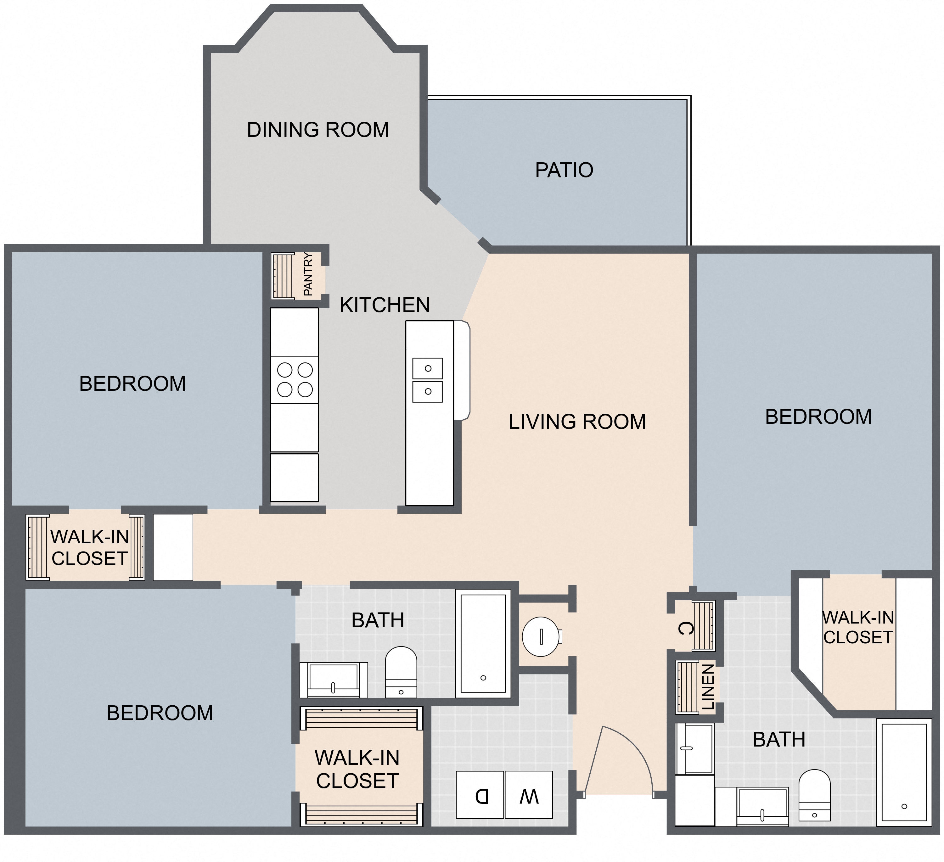 Floor plan for 3 beds, 2 baths, 1374 sqft